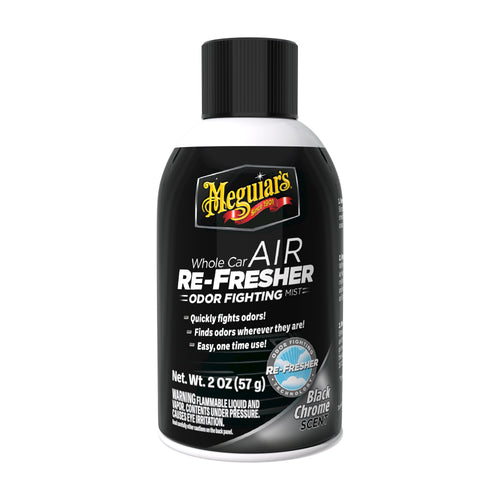 Meguiar's Whole Car Air Re-Fresher aerosol can with black chrome label on white background, front view.
