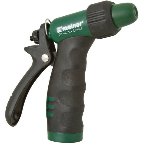 Green and black Melnor Titanium Series rear-trigger garden hose nozzle with rubberized grip.