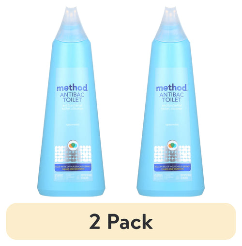 Two light-blue Method Antibac Toilet cleaner bottles side by side with a beige '2 Pack' label beneath on white background.
