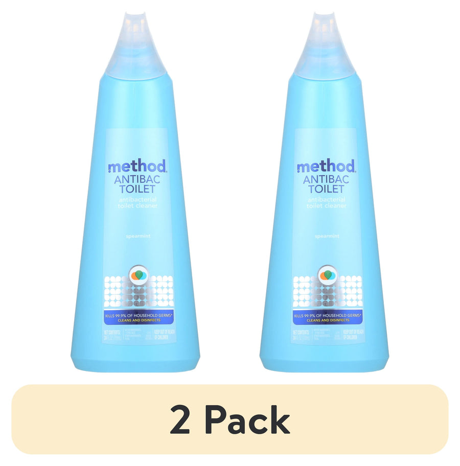 Two light-blue Method Antibac Toilet cleaner bottles side by side with a beige '2 Pack' label beneath on white background.