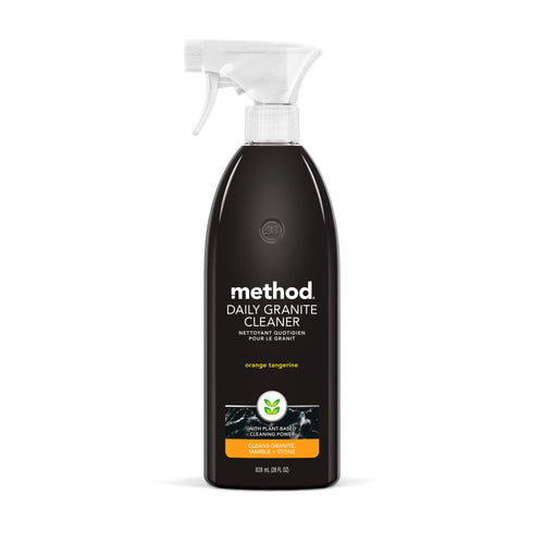Method Daily Granite Cleaner spray bottle in dark label with orange tangerine scent badge on a white background.