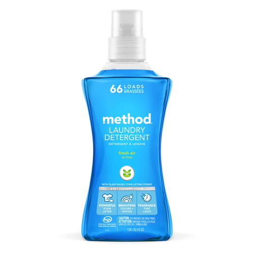 Blue Method Fresh Air laundry detergent bottle front view with clear cap and visible label text and icons.