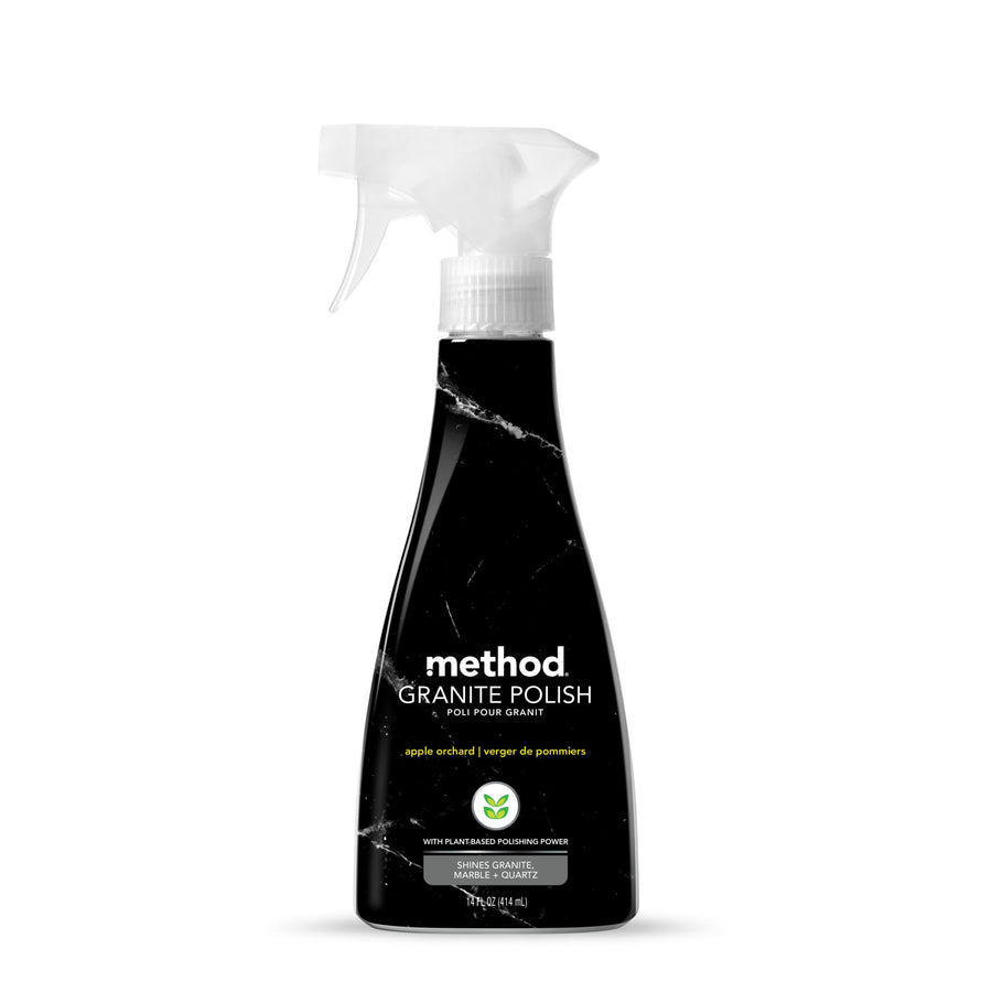 Black marble-pattern Method spray bottle labeled “Granite Polish” with white trigger on a white background.
