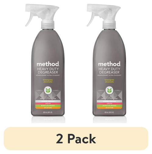 Two Method heavy duty degreaser spray bottles in grey packaging labeled lemongrass on a white background with a '2 Pack' banner below.