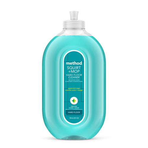 Clear turquoise Method Squirt + Mop bottle front with centered oval label and spearmint-scent branding