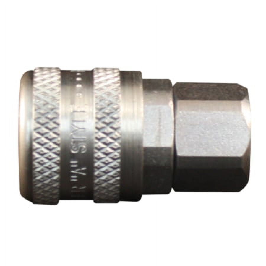 Close-up of a metal Milton 1/4" FNPT A-style quick coupler with knurled sleeve and hexagonal threaded end
