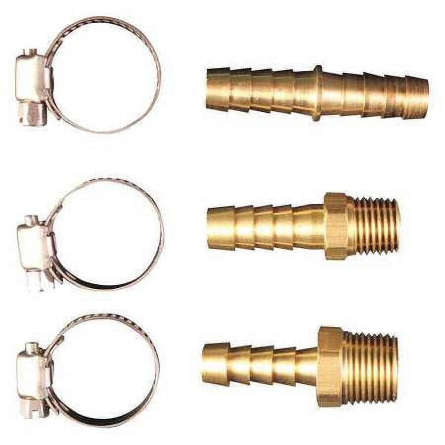 Three brass hose barb fittings laid out with three stainless steel worm-drive hose clamps on a white background.