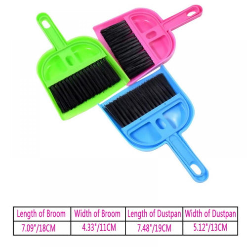 Three small plastic dustpans with short black bristles in bright green, pink, and blue shown on a white background with measurement labels beneath.