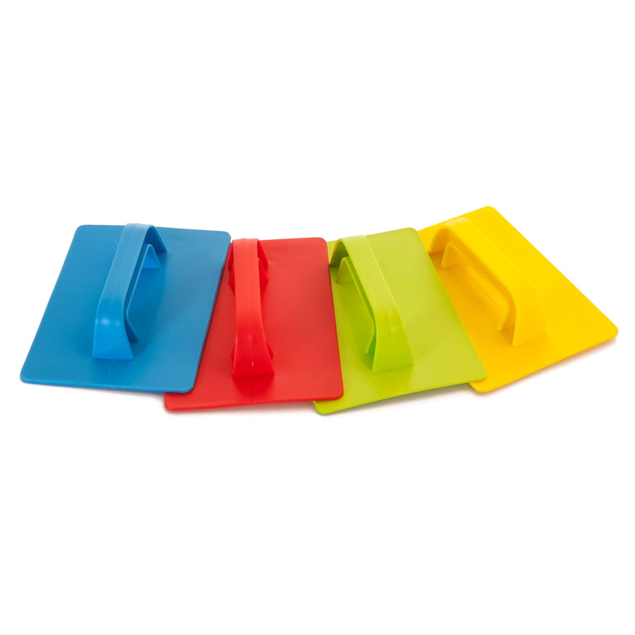Four colorful plastic Miniland mason trowels in blue, red, green and yellow arranged on a white background.