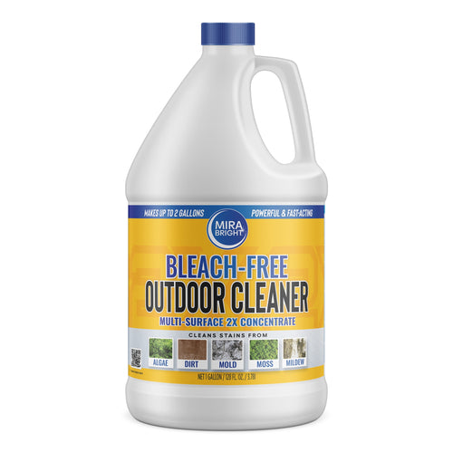 White one-gallon jug of Mira Bright Bleach-Free Outdoor Cleaner with yellow label and blue cap
