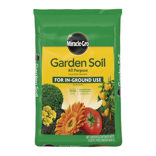 Green bag of Miracle-Gro Garden Soil All Purpose with yellow label showing flowers, tomato and product name for in-ground use.