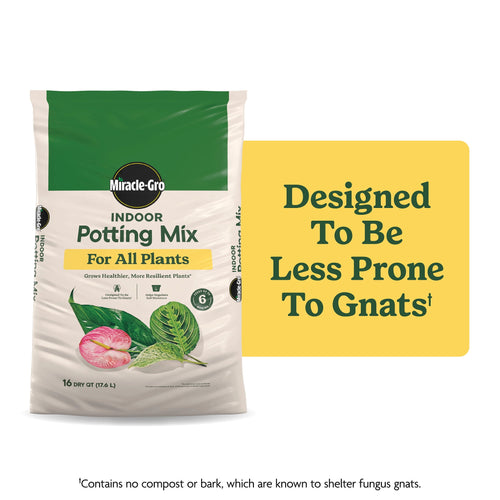 Bag of Miracle-Gro Indoor Potting Mix packaging with yellow callout reading "Designed To Be Less Prone To Gnats"