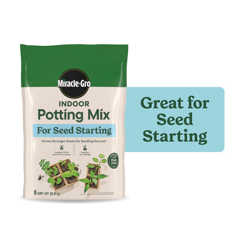 Front-facing Miracle-Gro Indoor Potting Mix bag labeled ‘For Seed Starting’ with seedling graphics