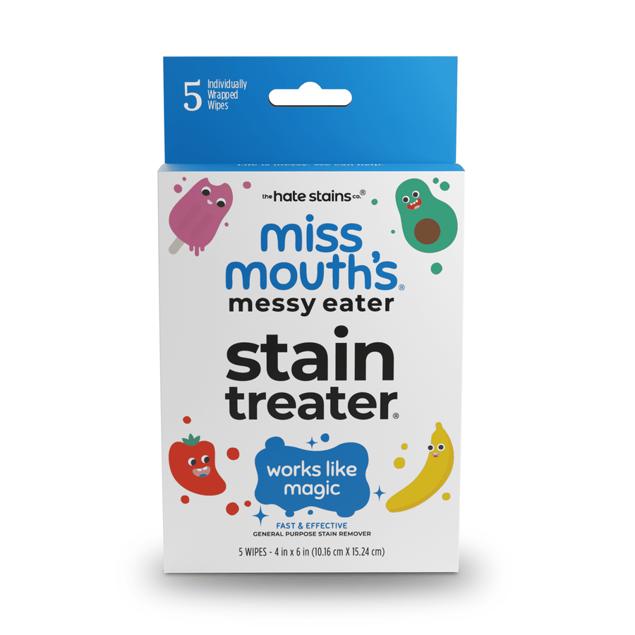 Front-facing packaged box of Miss Mouth’s Messy Eater stain treater wipes with colorful fruit characters and product name