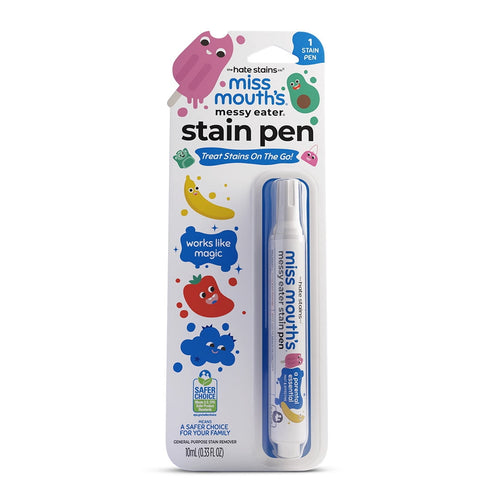 White Miss Mouth's Messy Eater stain pen in retail blister pack showing playful fruit illustrations and Safer Choice badge