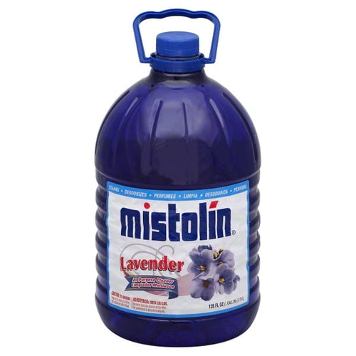 Front view of a blue Mistolin lavender all-purpose cleaner one-gallon jug with label and handle