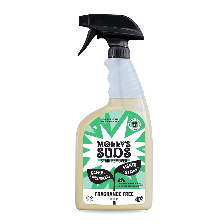 Front-facing spray bottle of Molly's Suds stain remover with green label and 'fragrance free' visible
