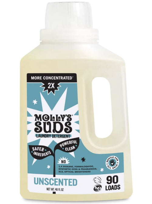 Bottle of Molly's Suds unscented concentrated liquid laundry detergent with blue label and 90 loads claim