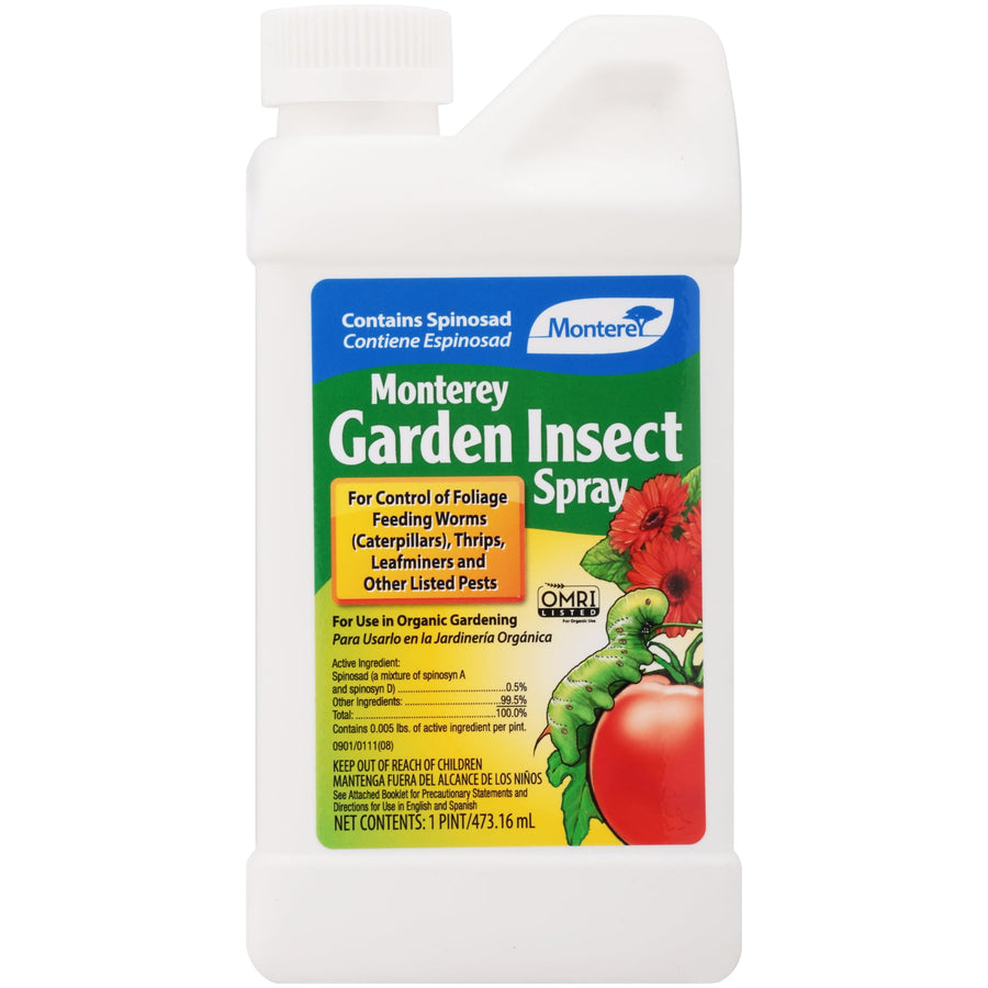 White plastic Monterey Garden Insect Spray bottle with colorful front label showing tomato and caterpillar illustration