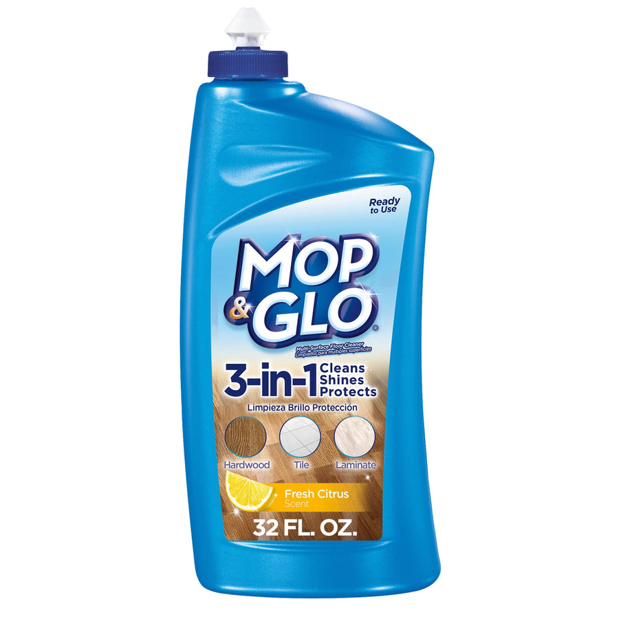 Single blue Mop & Glo 3-in-1 floor polish bottle, front label showing hardwood, tile and laminate icons