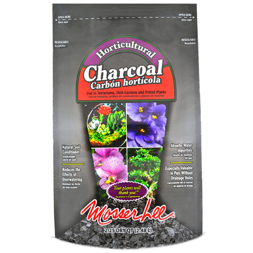 Front of Mosser Lee horticultural charcoal resealable bag showing product name, plant photos and charcoal at bottom
