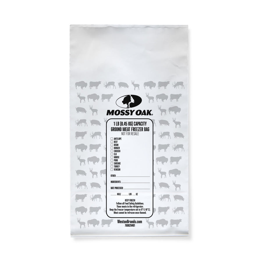 Single Mossy Oak printed ground meat freezer bag with preprinted label and animal silhouettes on white plastic.