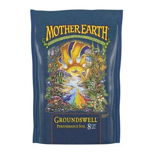 Blue bag of Mother Earth Groundswell performance potting soil with colorful illustrated nature artwork and product name