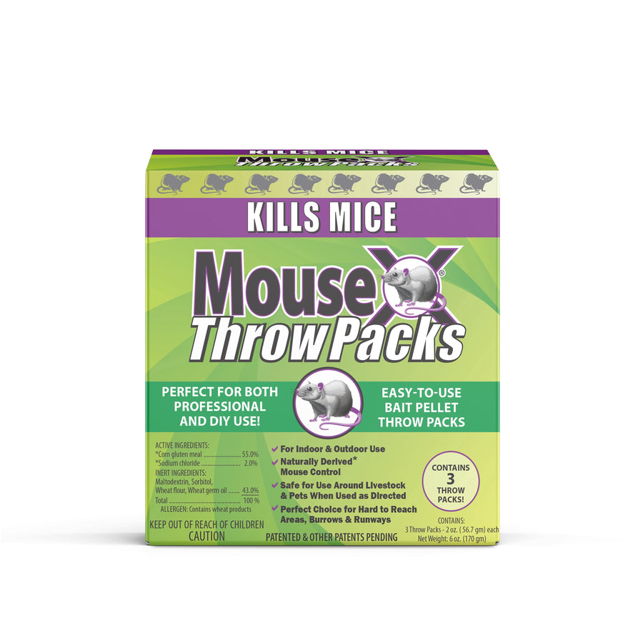 Green and purple MouseX Throw Packs box with large 'Kills Mice' headline and product logo on front