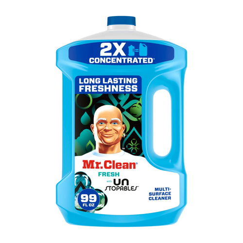 Blue Mr. Clean 2X concentrated multi-surface cleaner bottle with Mr. Clean logo and Unstopables graphic