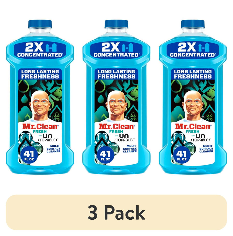 Three blue Mr. Clean 2X concentrated multi-surface cleaner bottles with Unstopables label arranged side-by-side