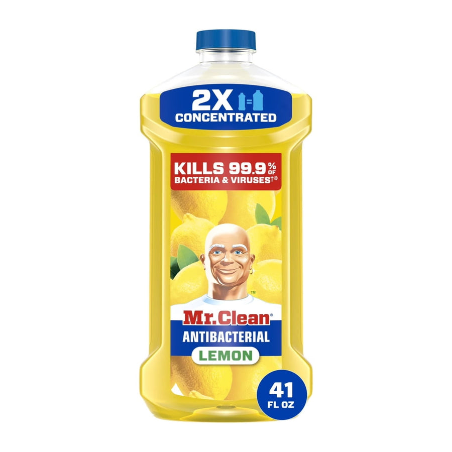 Front-facing Mr. Clean antibacterial lemon bottle with blue cap and 2X concentrated label.