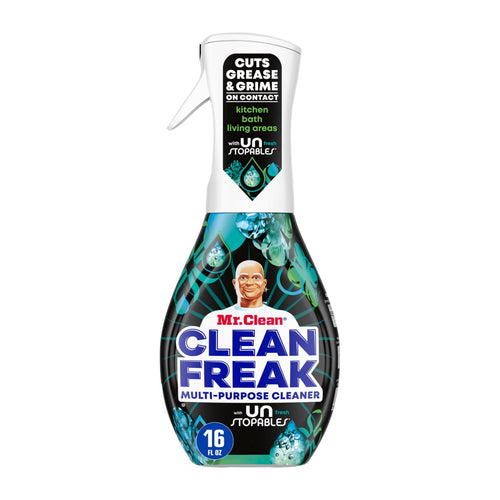Mr. Clean Clean Freak multi-purpose cleaner spray bottle with Unstopables design and trigger top on white background.