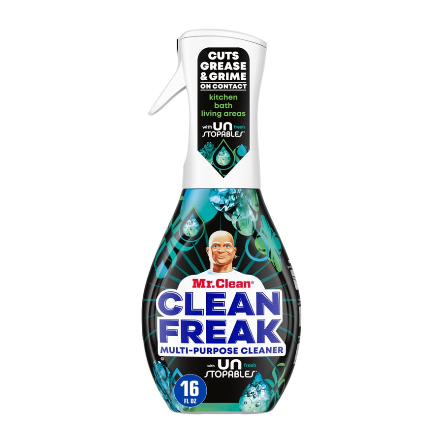 Mr. Clean Clean Freak multi-purpose cleaner spray bottle with Unstopables design and trigger top on white background.