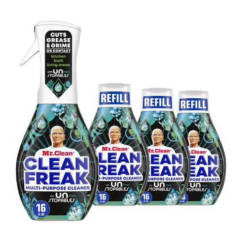 Four Mr. Clean Clean Freak bottles including one trigger sprayer and three refill bottles on white background