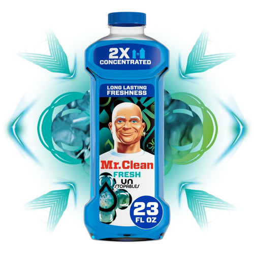 Blue Mr. Clean 2X concentrated multi-surface cleaner bottle with illustrated Mr. Clean logo and decorative teal background
