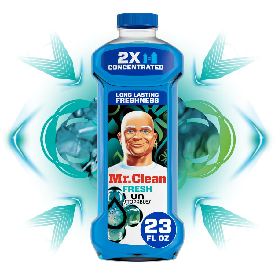Blue Mr. Clean 2X concentrated multi-surface cleaner bottle with illustrated Mr. Clean logo and decorative teal background
