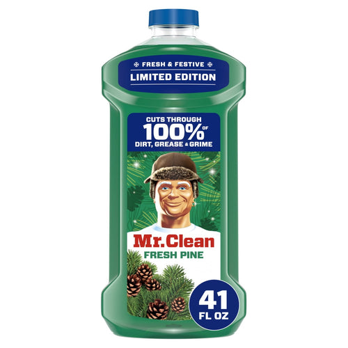 Front view of a green Mr. Clean Fresh Pine multi-surface cleaner bottle with label and pinecone graphics