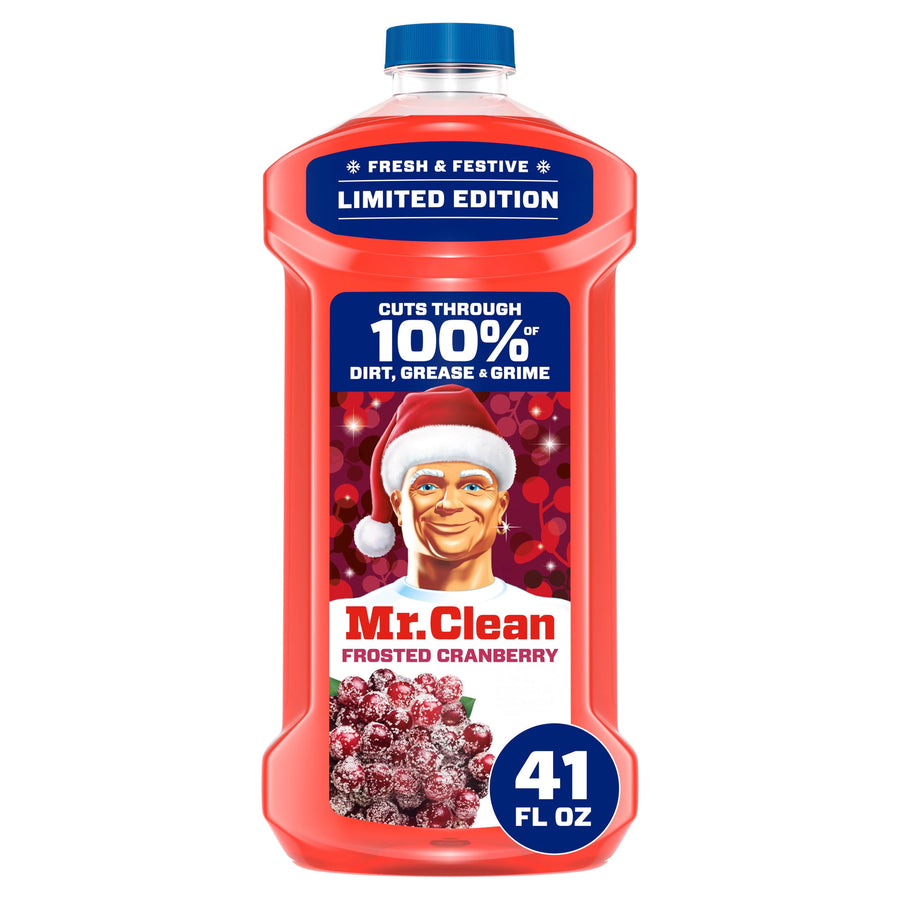 Front-facing bottle of Mr. Clean Frosted Cranberry multi-surface cleaner with label and 41 fl oz badge