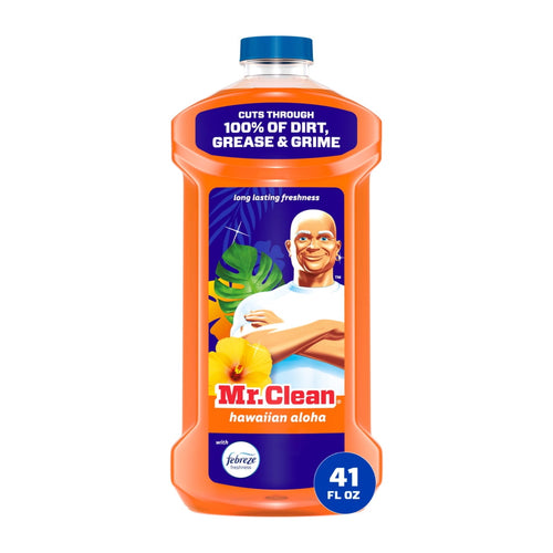 Front-facing Mr. Clean Hawaiian Aloha orange cleaner bottle with label showing the Mr. Clean mascot and hibiscus artwork
