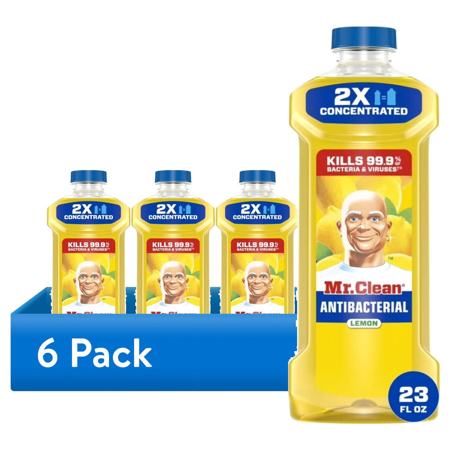 Six-pack display with multiple Mr. Clean lemon antibacterial cleaner bottles and a large foreground bottle labeled 23 fl oz
