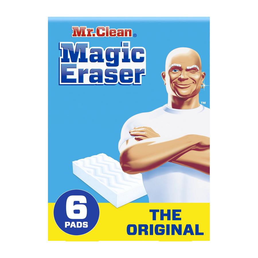 Front of a Mr. Clean Magic Eraser package showing the mascot, a white eraser pad illustration and '6 pads' callout