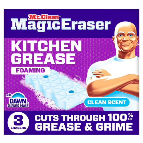 Front-facing purple Mr. Clean Magic Eraser Kitchen Grease box with clean scent badge and textured eraser illustration