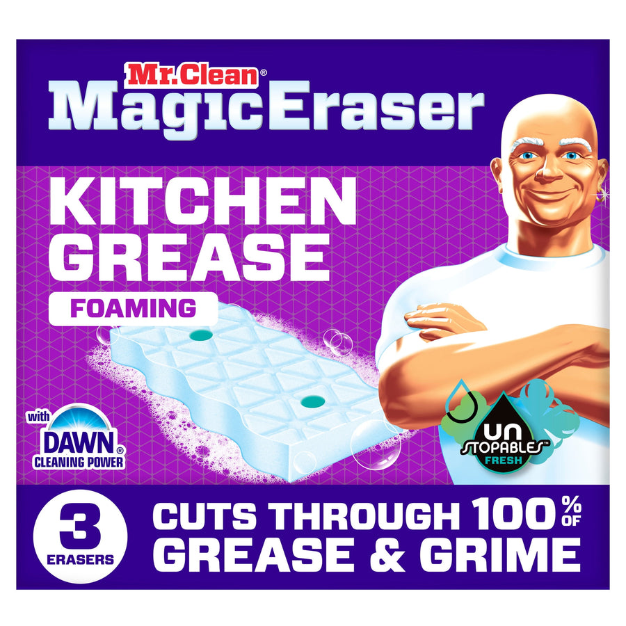 Packaging front of Mr. Clean Magic Eraser Kitchen Grease foaming sponge with Unstopables Fresh badge and Mr. Clean mascot
