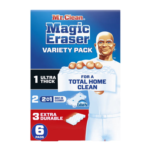 Mr. Clean Magic Eraser variety pack box front showing logo, product claims and mascot