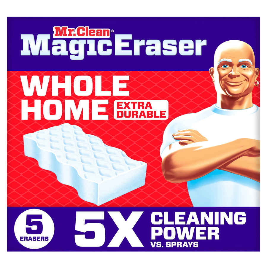 Bright product box front showing Mr. Clean Magic Eraser branding, sponge illustration, and bold "Whole Home Extra Durable" label