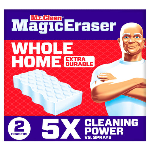 Mr. Clean Magic Eraser package artwork showing logo, whole home extra durable label and sponge illustration