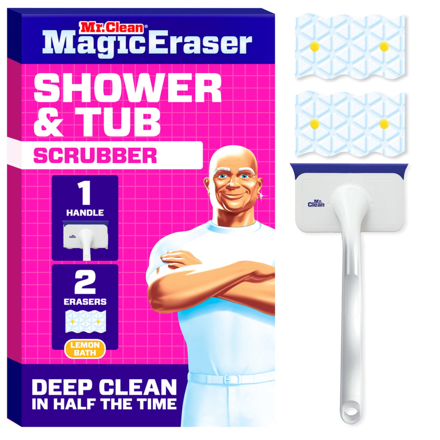 Mr. Clean Magic Eraser Shower & Tub Scrubber packaging alongside handle and two replacement eraser pads on white background.