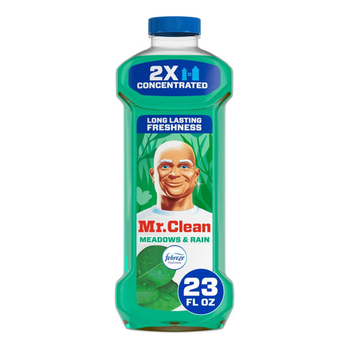 Front-facing Mr. Clean Meadows & Rain 2X concentrated multi-surface cleaner bottle with visible label