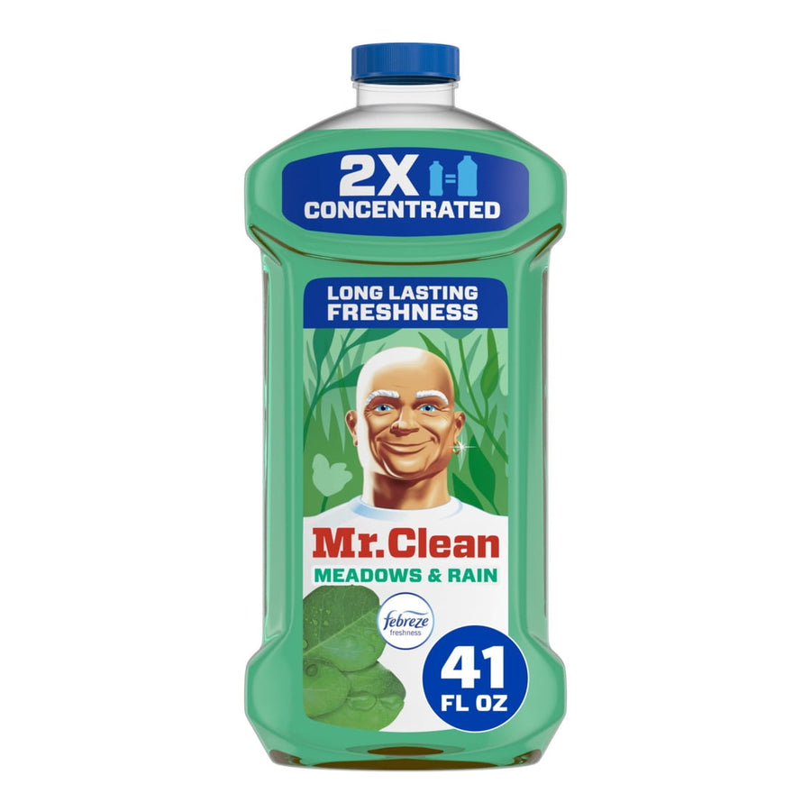Single Mr. Clean Meadows & Rain 2X concentrated 41 fl oz bottle on white background showing label and cap