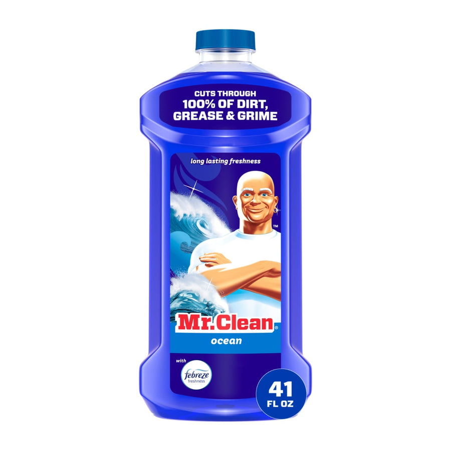 Front-facing blue Mr. Clean Ocean multi-surface cleaner bottle with label showing Mr. Clean mascot and 41 fl oz callout